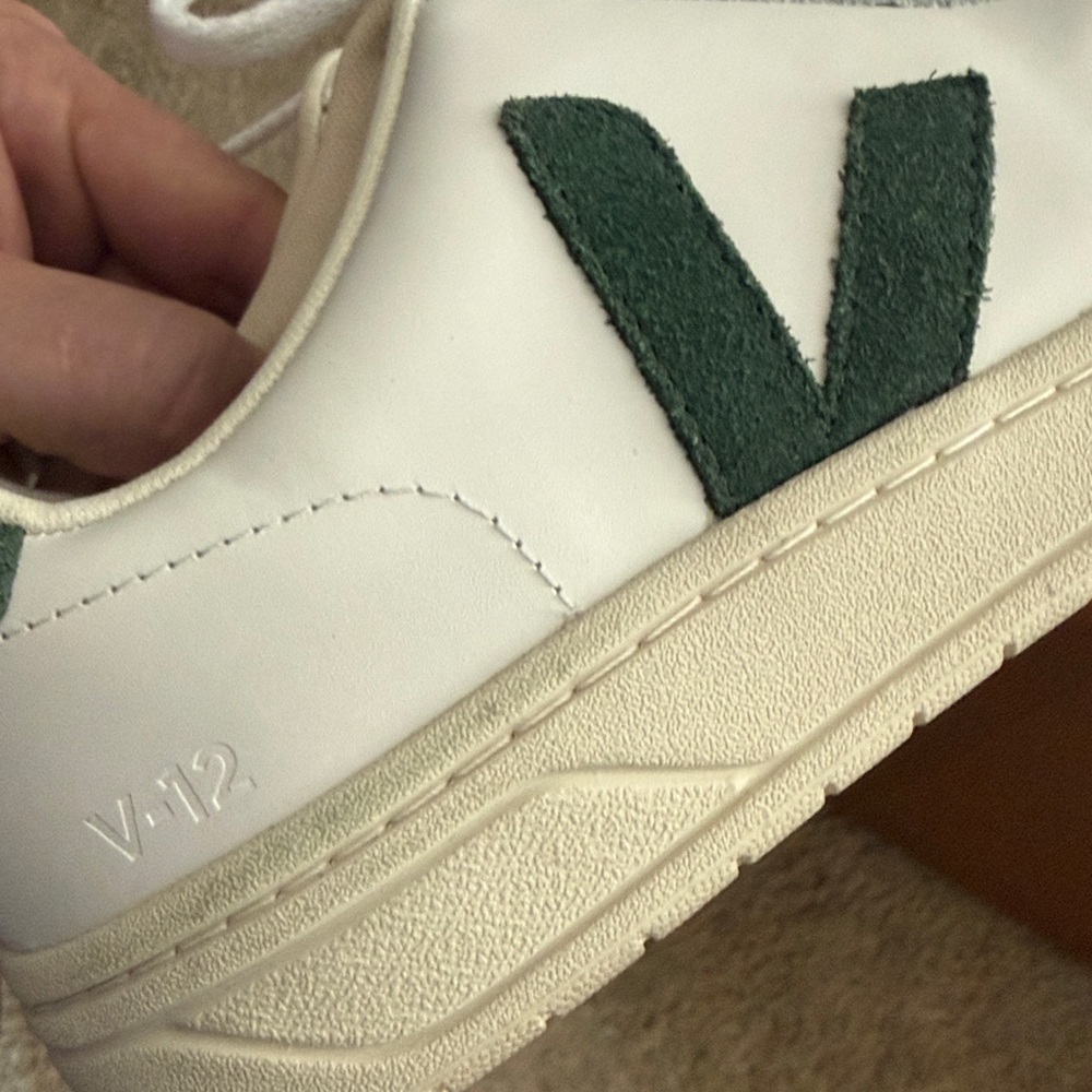 Veja V-12 White Leather Sneakers with Green Accents - Picture 9 of 10